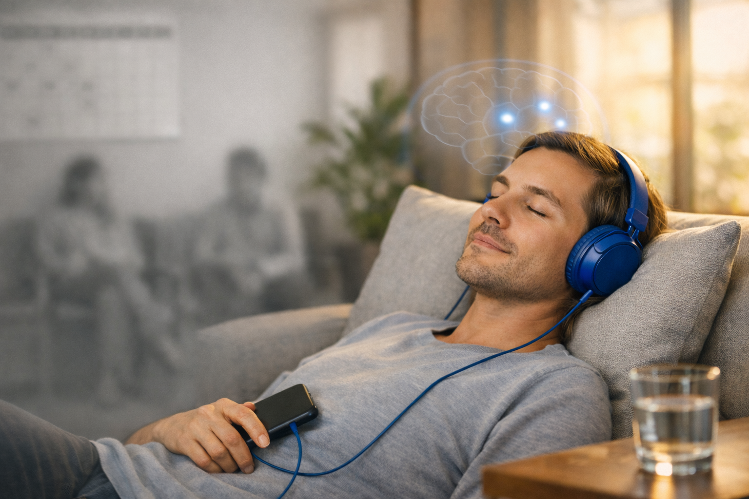 Person relaxing with headphones listening to clinical hypnosis audio